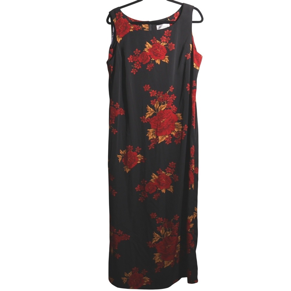 VTG 90s Black Red Rose Floral Maxi Dress Fairy Grunge Dark Romance Whimsigoth 16